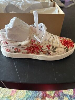 Johnny Was White Sneakers with Red & Green Floral Embroidery